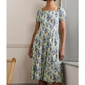 Boden Puff Sleeve Midi Dress Women 14R Floral Lemon Print Pockets Cotton Novelty